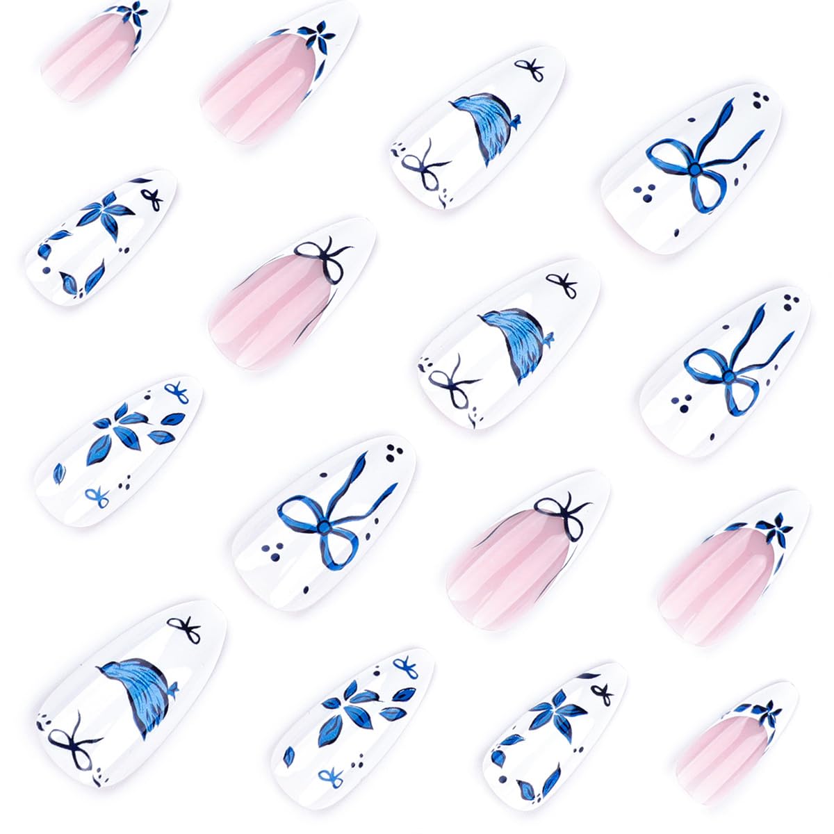 Close-up of KRTBKR medium almond fake nails