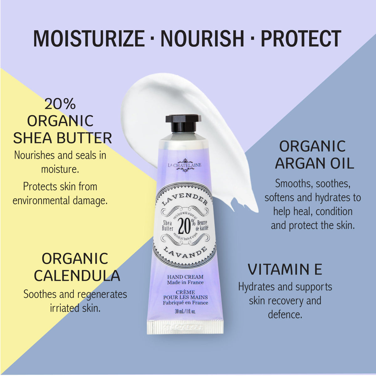 Close-up of La Chatelaine hand cream tube with organic Shea Butter