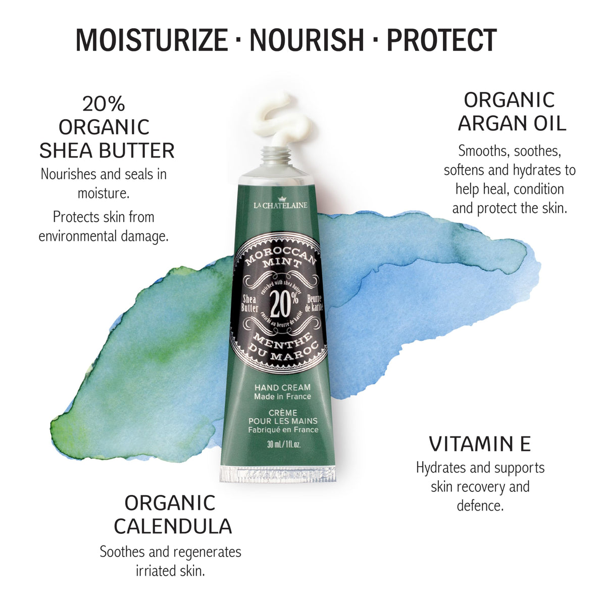 Close-up of La Chatelaine hand cream with Moroccan Mint scent