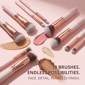Close-up of Lamora makeup brushes showing synthetic bristles