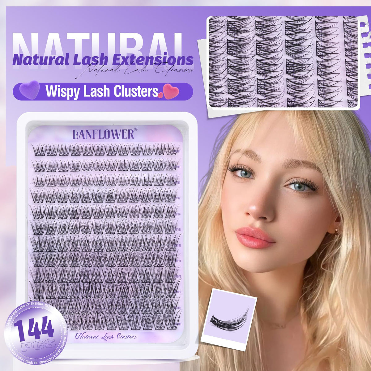 Close-up of LANFLOWER wispy eyelash clusters in various lengths