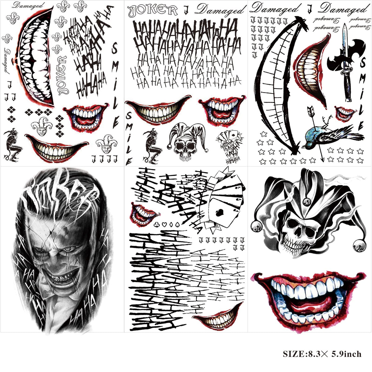 Close-up of large Joker temporary tattoo sheet size 8.3x5.9 inches