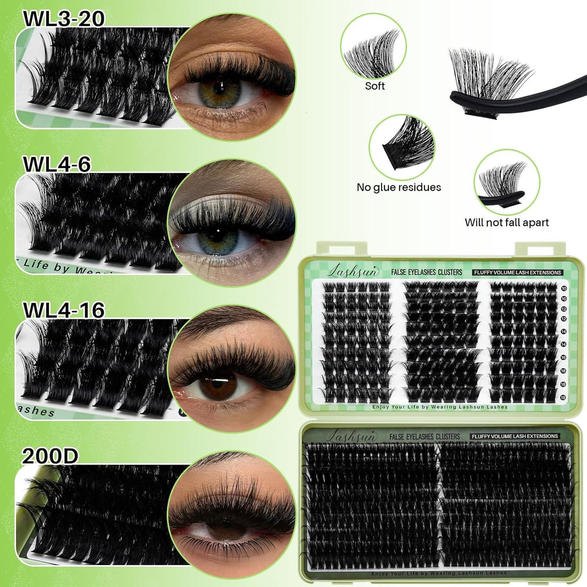 Close-up of LASHSUN cluster lashes showing mixed lengths