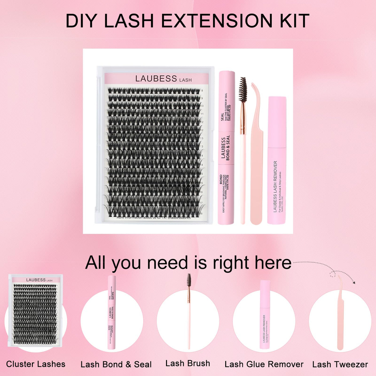 Close-up of LAUBESS LASH lash clusters in the kit