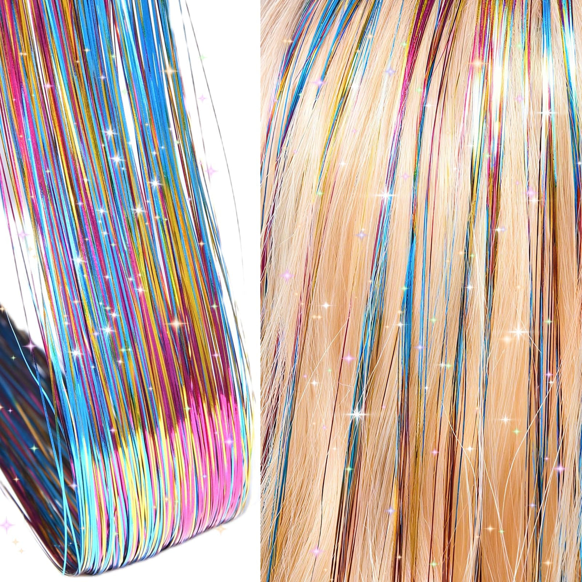 Close-up of LEDIZE hair tinsel strands in various colours