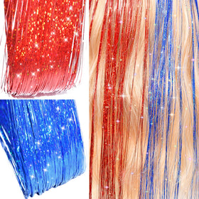 Close-up of LEDIZE tinsel hair extensions in various colours