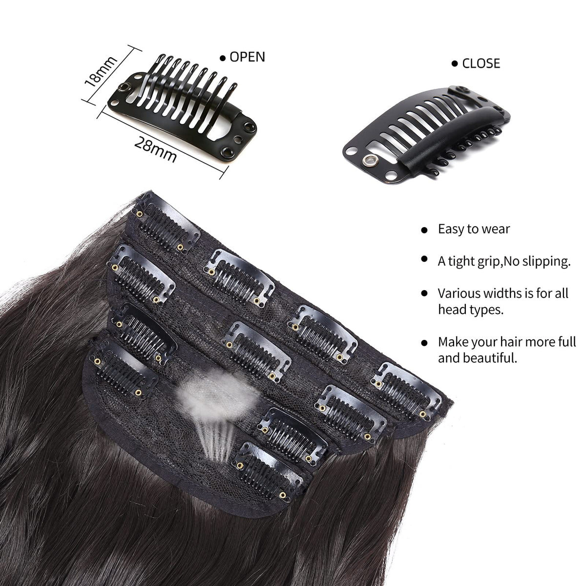 Close-up of LEEONS Clip in Hair Extensions showing clips