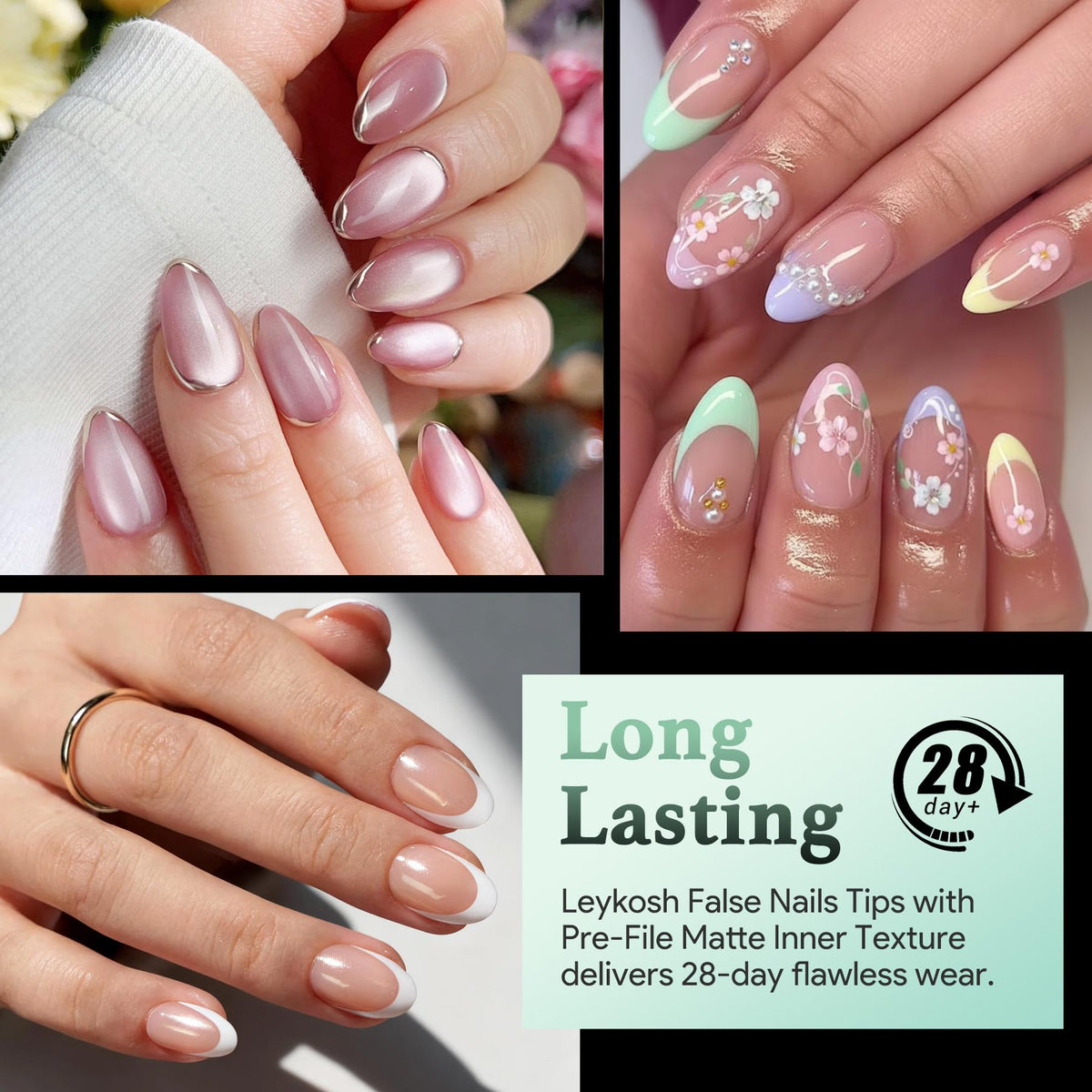 Close-up of LEYKOSH soft gel nail tips showing matte finish