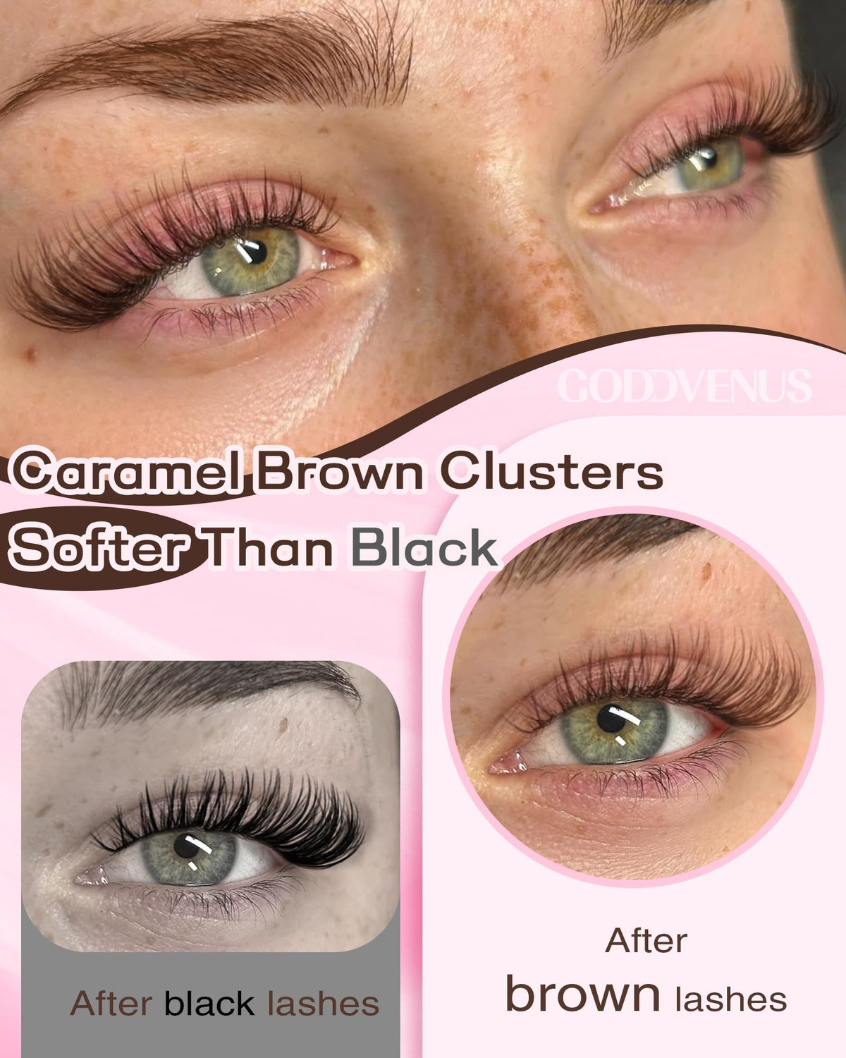 Close-up of light brown lash clusters in various lengths