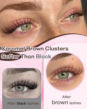 Close-up of light brown lash clusters in various lengths