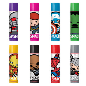 Close-up of Lip Smacker flavours featuring Marvel superheroes
