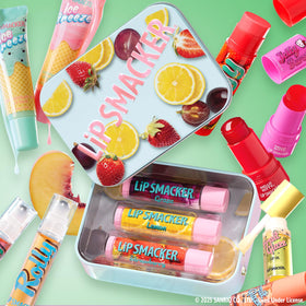 Close-up of Lip Smacker Lemon flavour lip balm in the trio tin