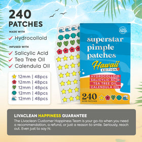 Close-up of LivaClean pimple patches showing star shapes and packaging