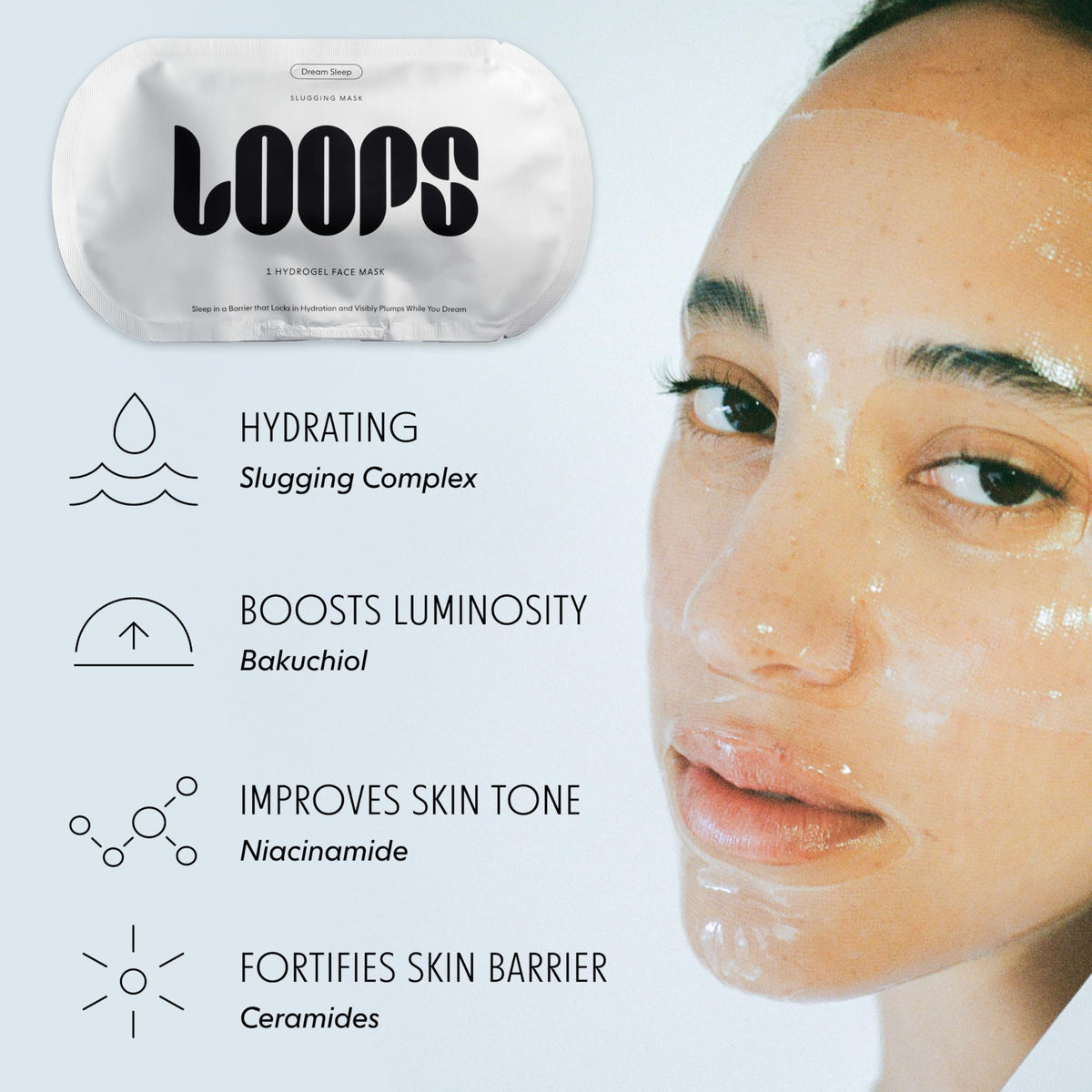 Close-up of LOOPS Dream Sleep Hydrogel Face Mask applied on a model's face