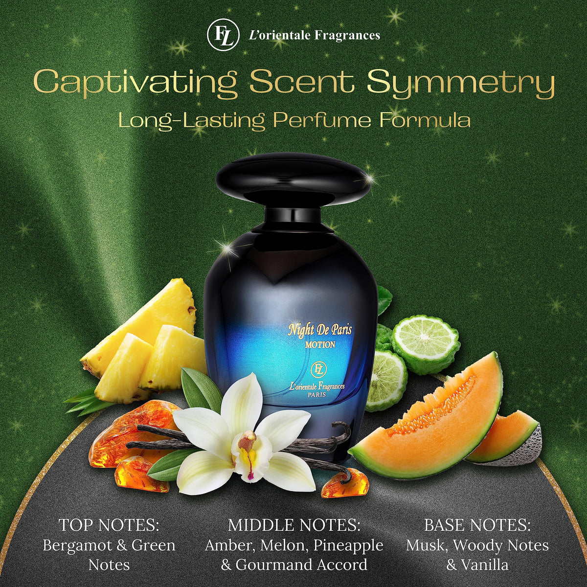 Close-up of LOrientale Fragrances Night De Paris bottle