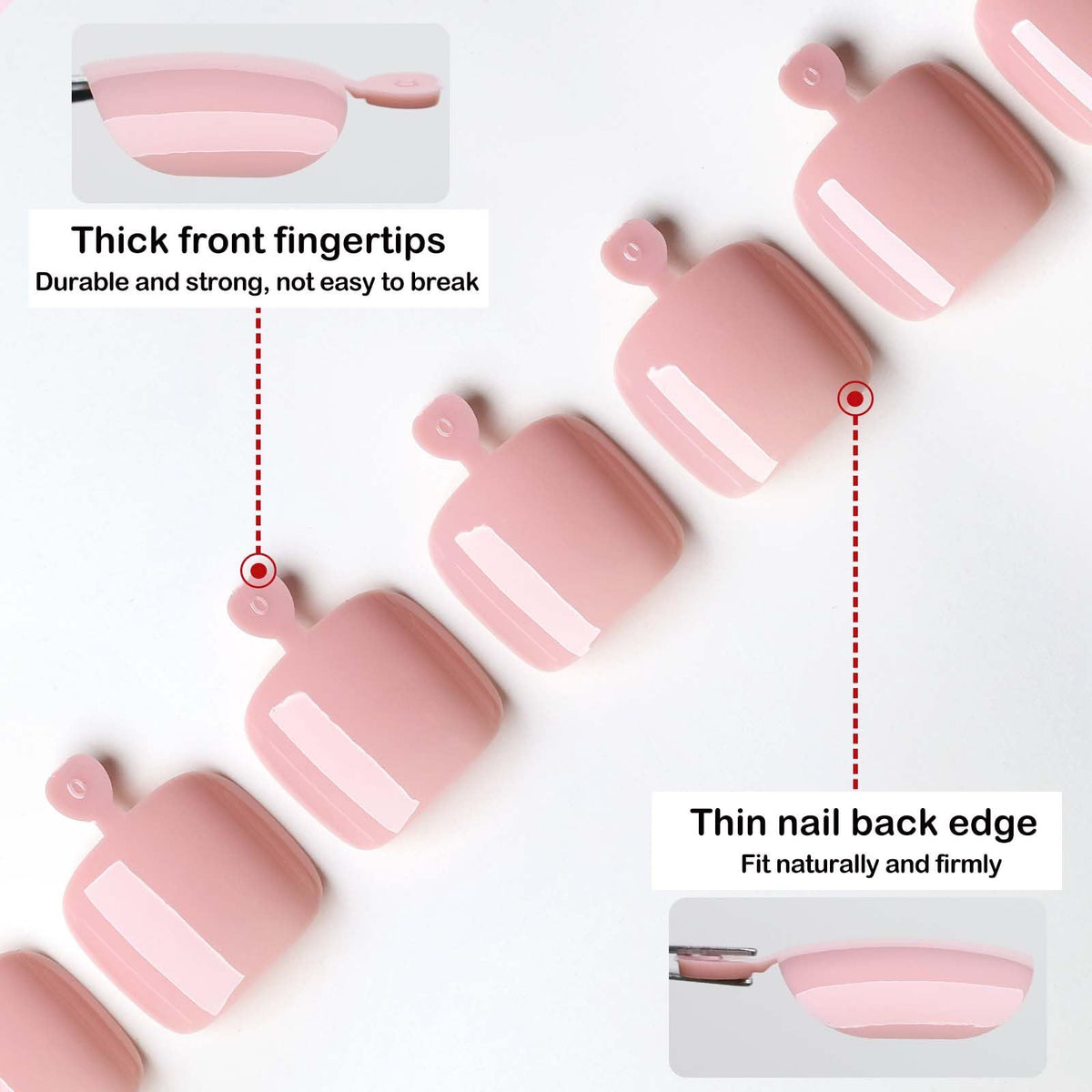 Close-up of LoveOurHome short square fake toenails in nude