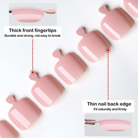 Close-up of LoveOurHome short square fake toenails in nude