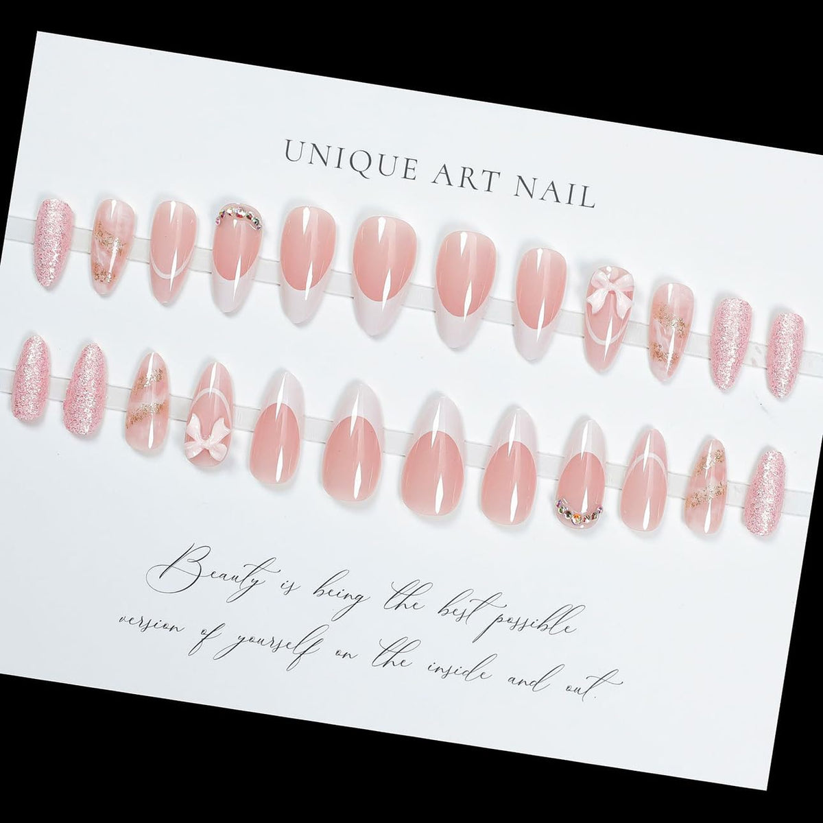 Close-up of LPOODDNU press on nails with 3D bow diamond glitter