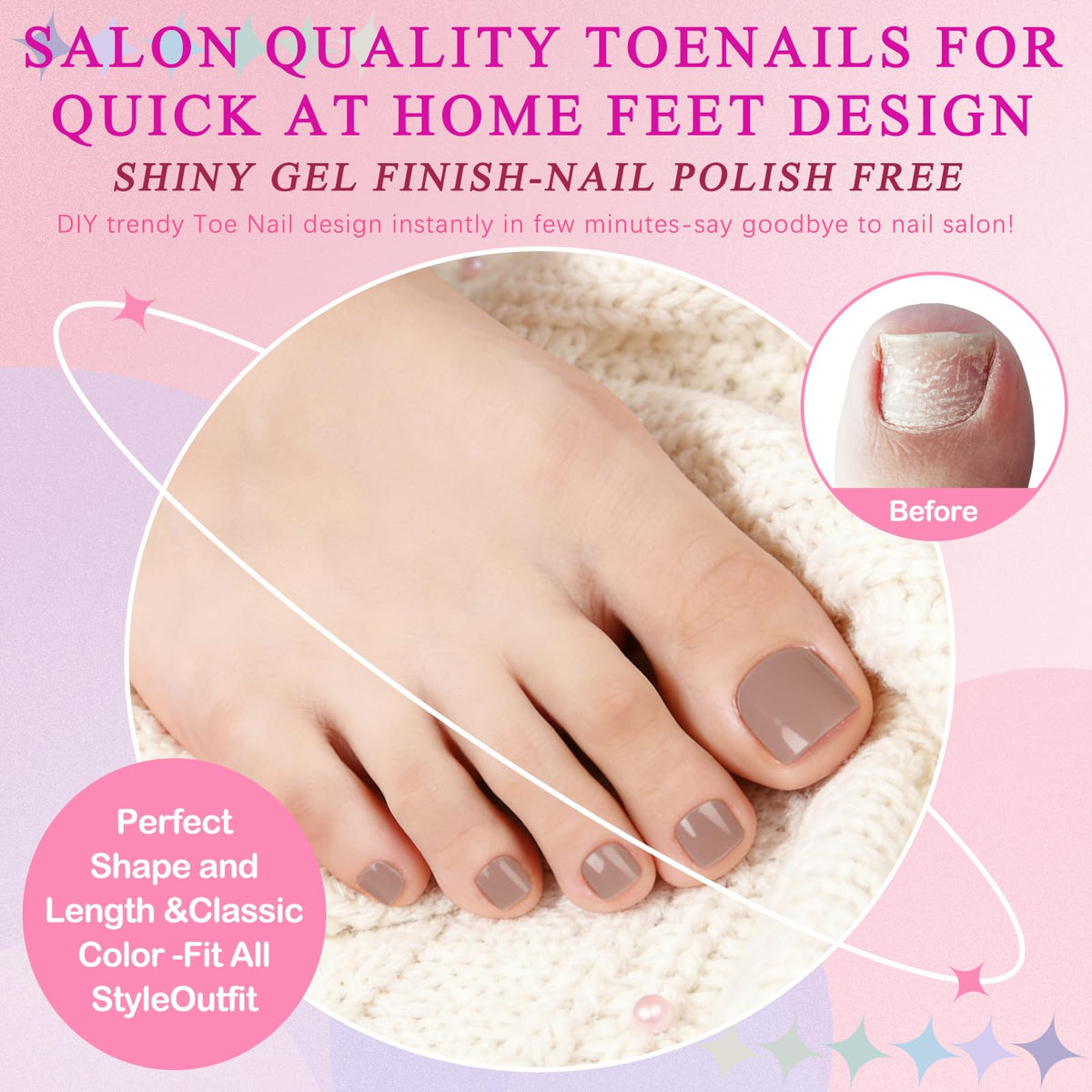 Close-up of LuckForever light coffee press on toenails in storage case