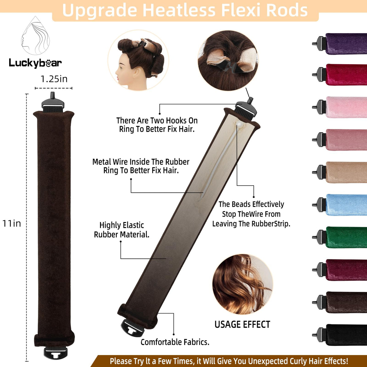 Close-up of Luckybear heatless curling rods showing flexible design