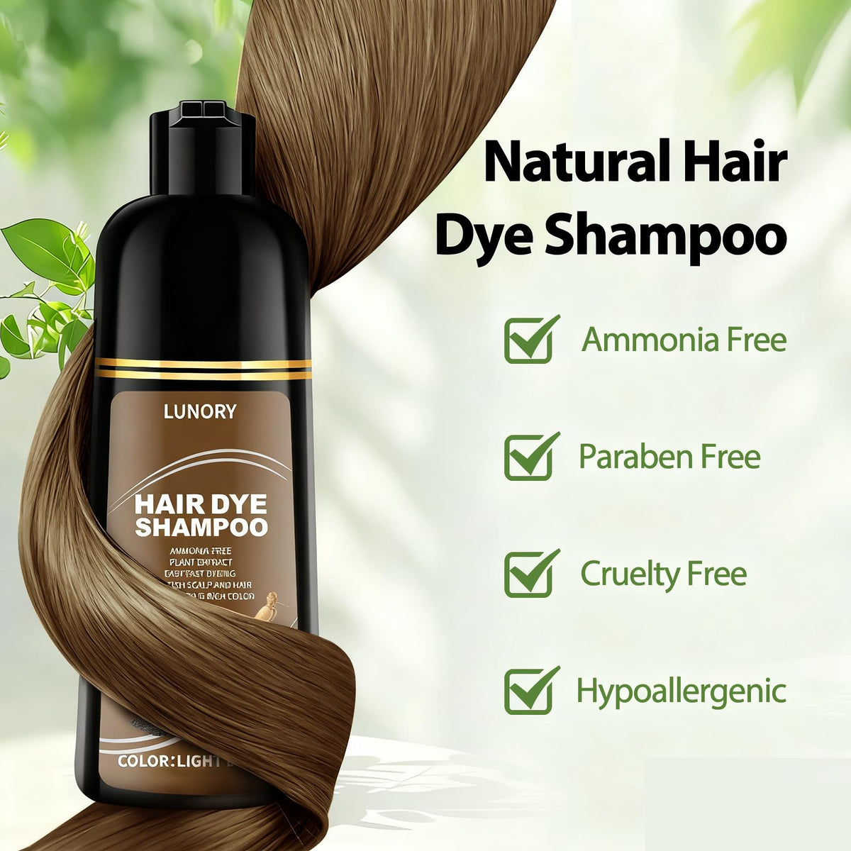 Close-up of Lunory light brown hair dye shampoo bottle