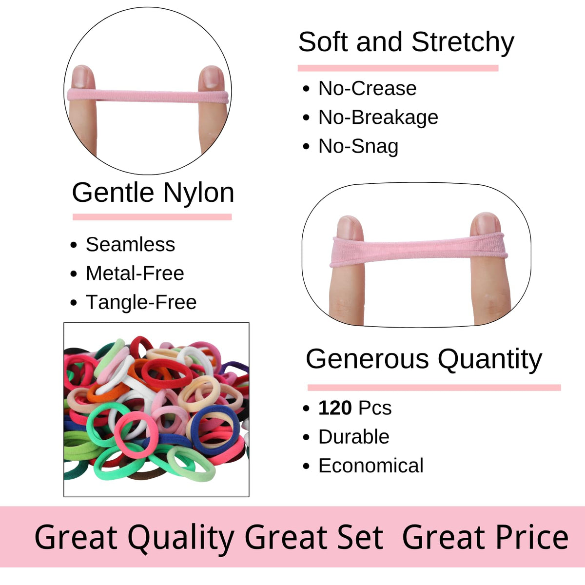 Close-up of LuSeren hair ties showing soft nylon material