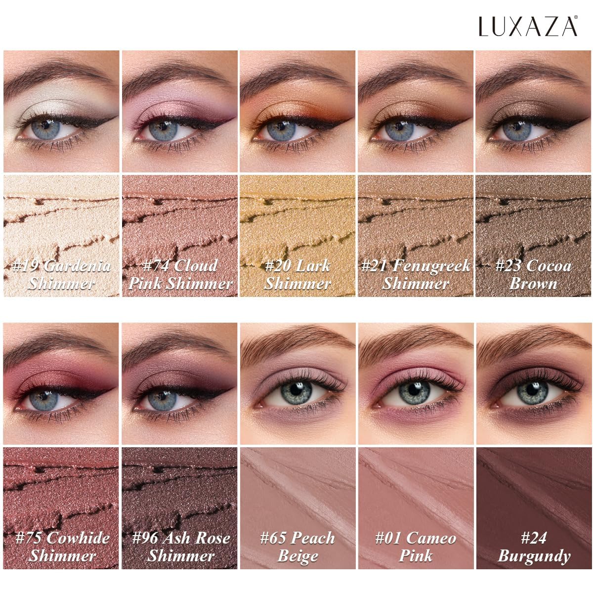 Close-up of LUXAZA PRO creamy eyeshadow sticks in various shades