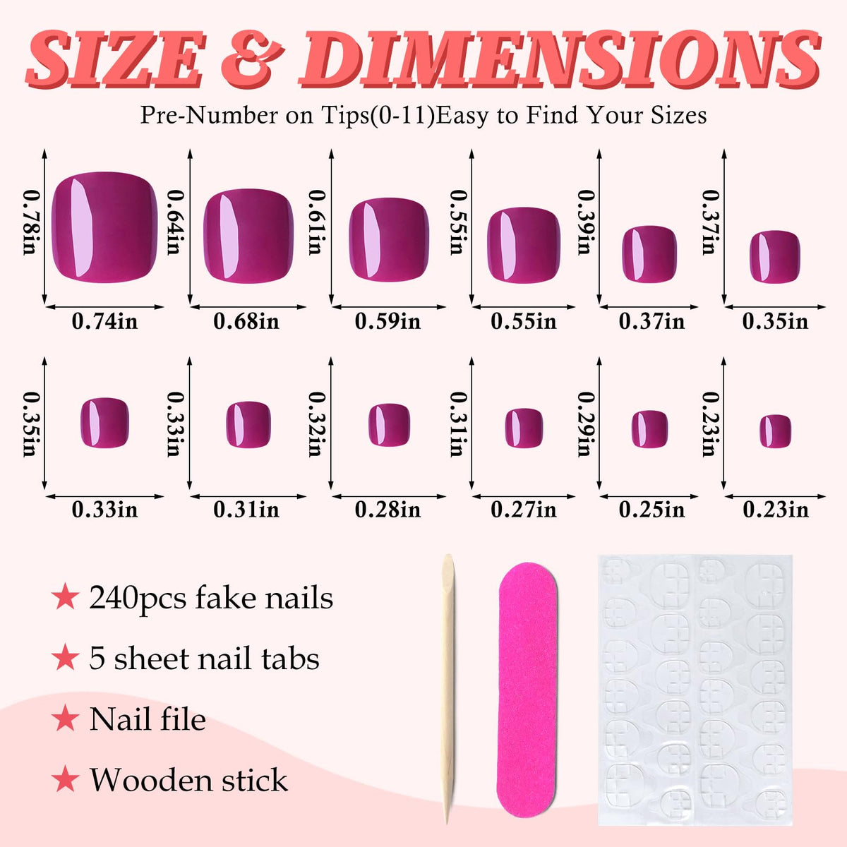 Close-up of magenta fake toenails in various sizes