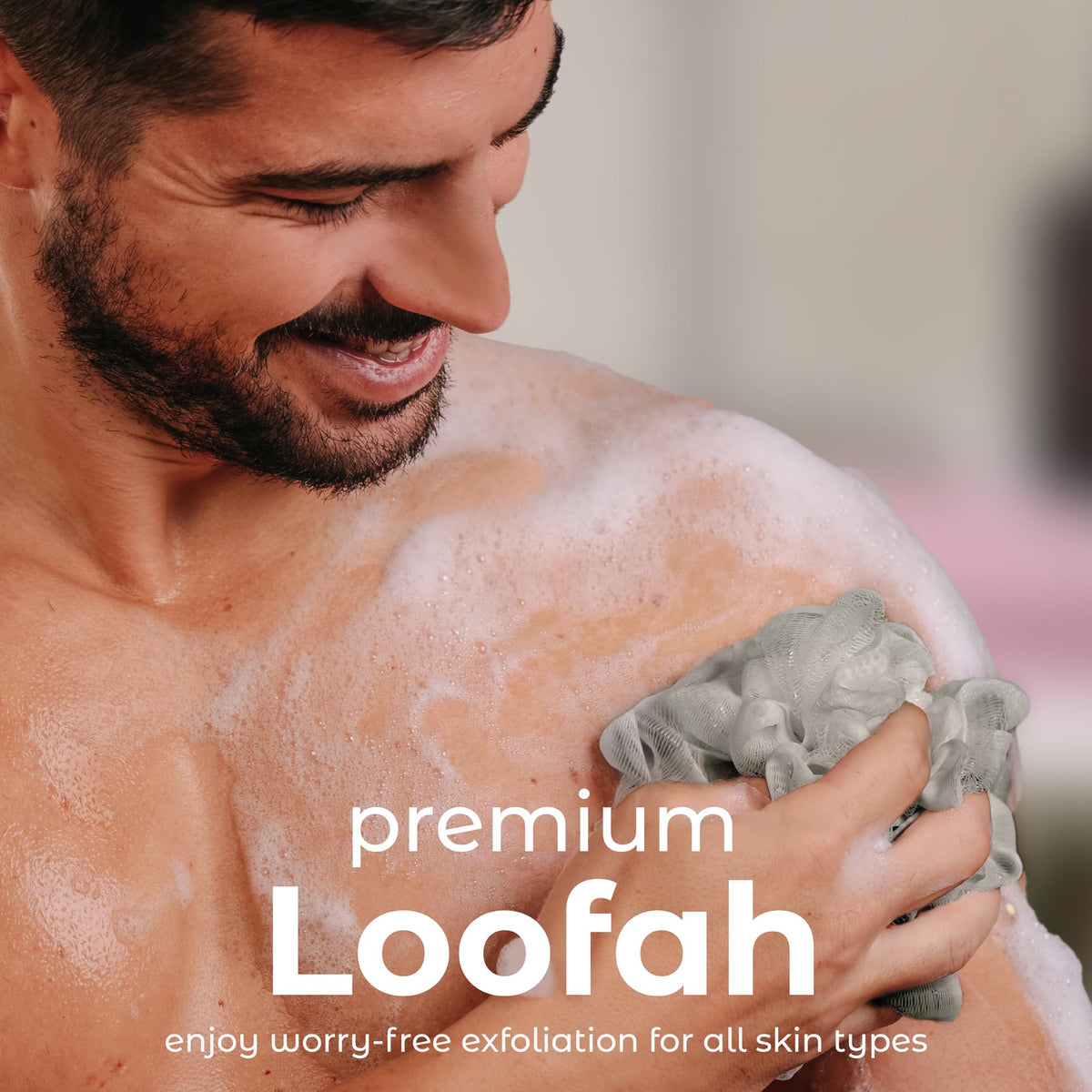 Close-up of MainBasics Shower Loofah Sponge texture and mesh