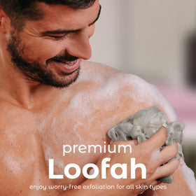 Close-up of MainBasics Shower Loofah Sponge texture and mesh