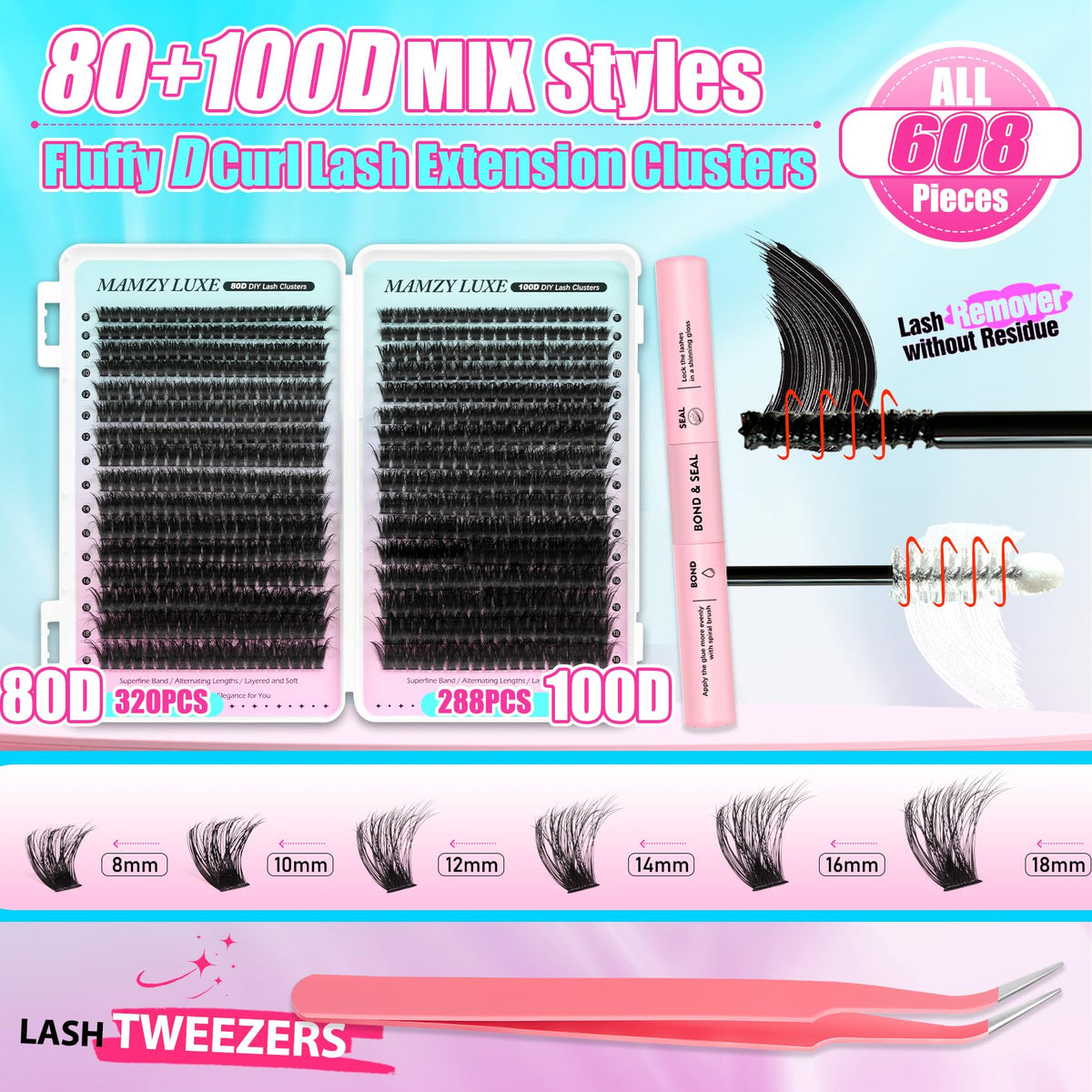 Close-up of Mamzy Luxe D-Curl lash clusters in various lengths