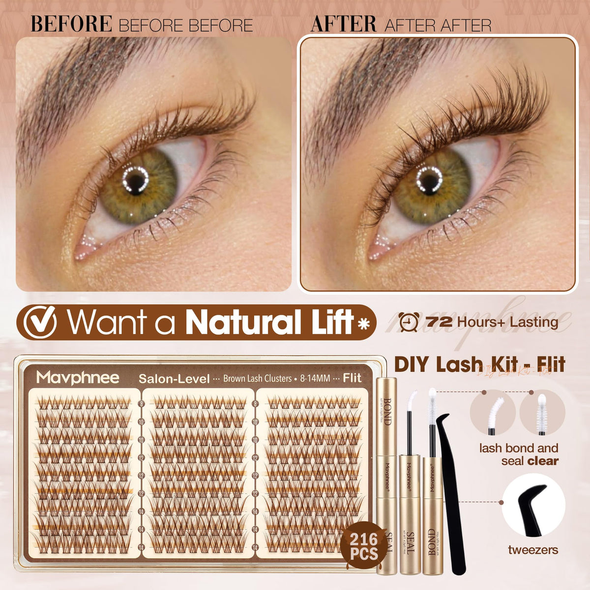 Close-up of Mavphnee Brown Lash Clusters showing various lengths