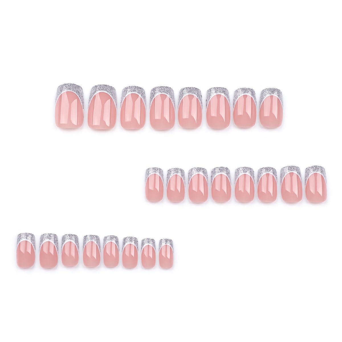 Close-up of medium square press on nails in nude pink with glitter