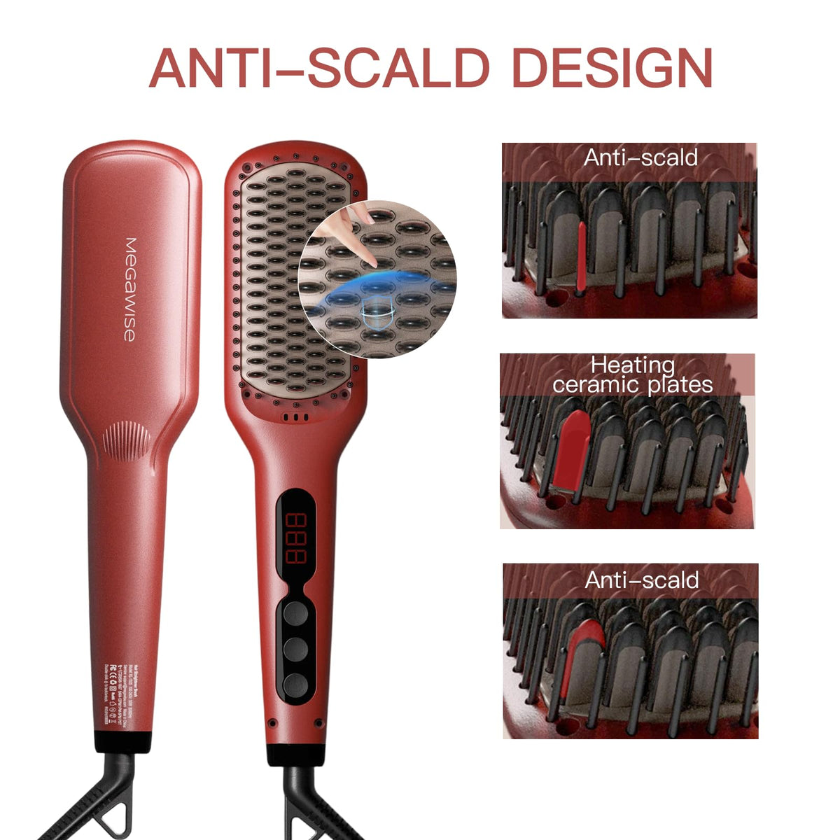 Close-up of MEGAWISE Hair Straightener Brush heated comb teeth