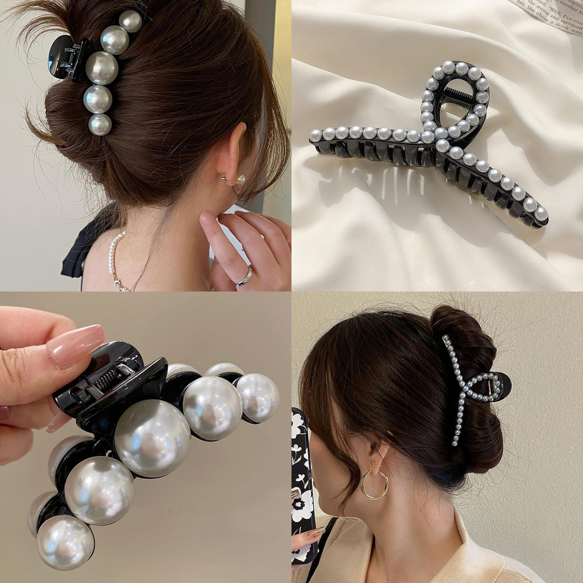 Close-up of Mehayi large black pearl hair claw clip