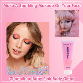 Close-up of MEICOLY Chameleon Body Glitter showing pink to purple shimmer