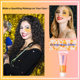 Close-up of MEICOLY Orange Body Glitter Gel showing texture