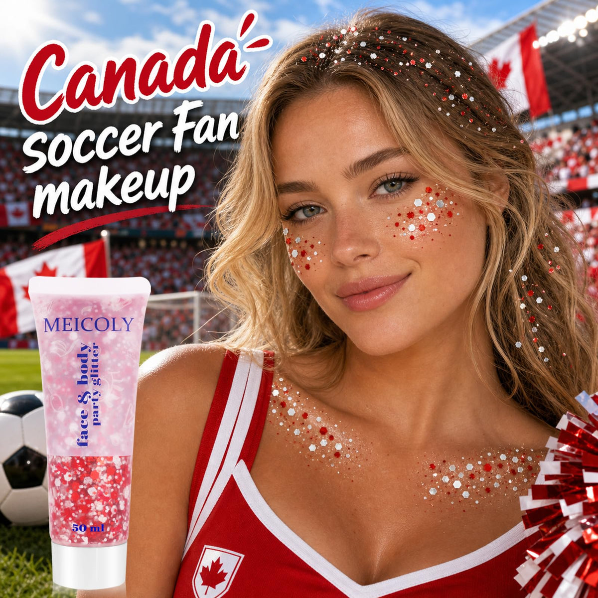 Close-up of MEICOLY Red Face Glitter showing sparkling red and white particles