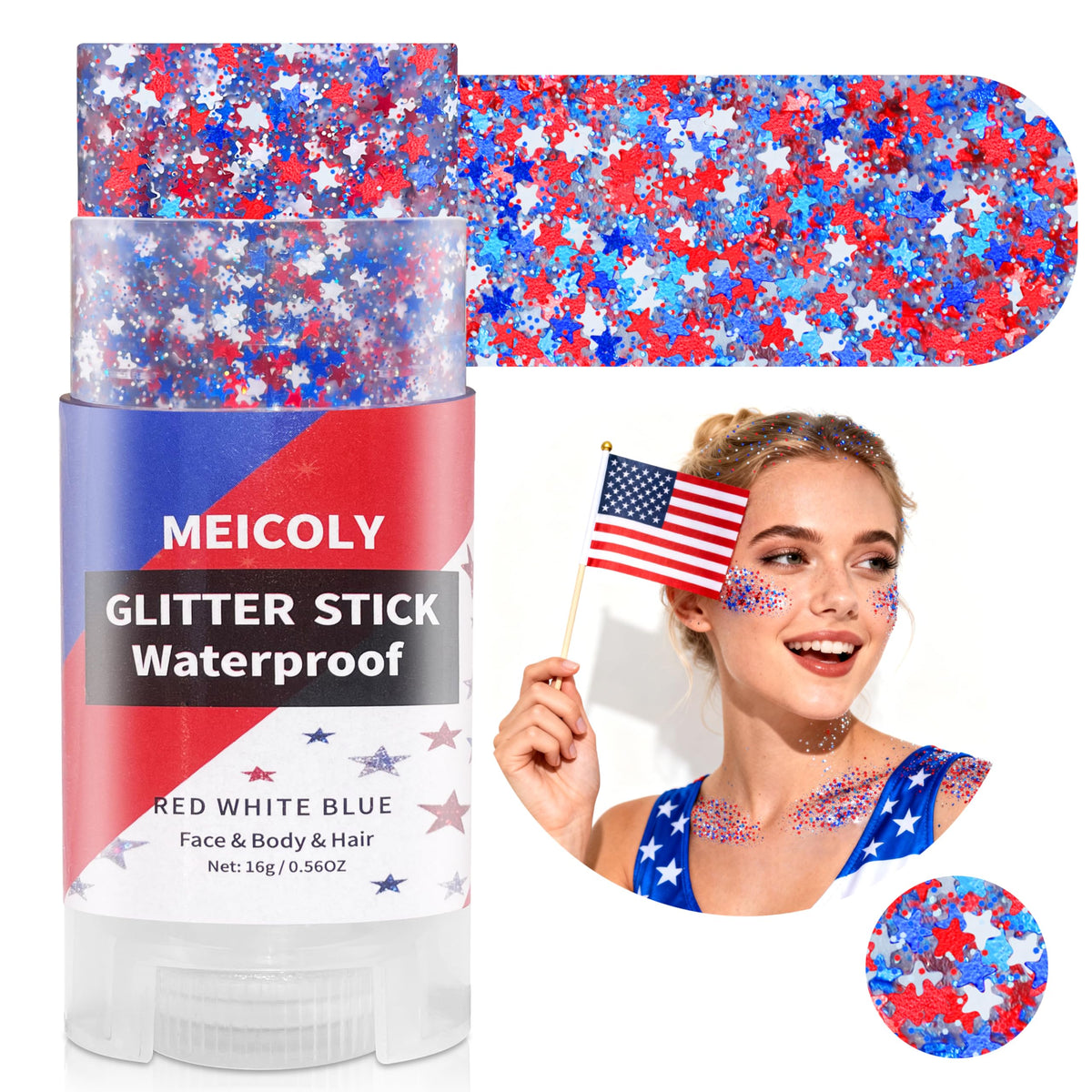 Close-up of MEICOLY star glitter stick showing vibrant glitter