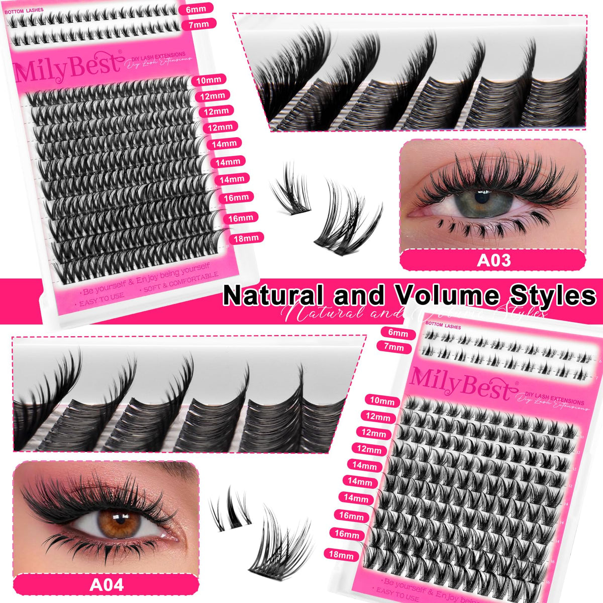 Close-up of MilyBest cluster lashes in various lengths