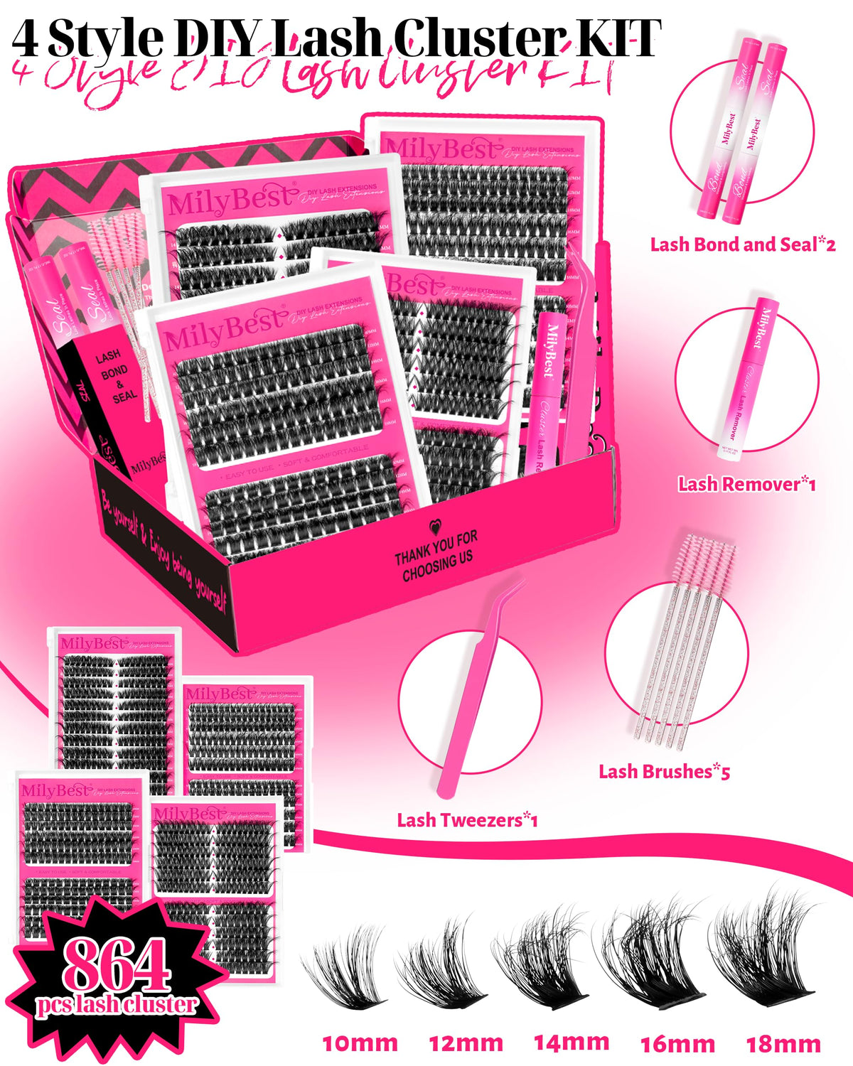 Close-up of MilyBest D Curl cluster lashes in various lengths
