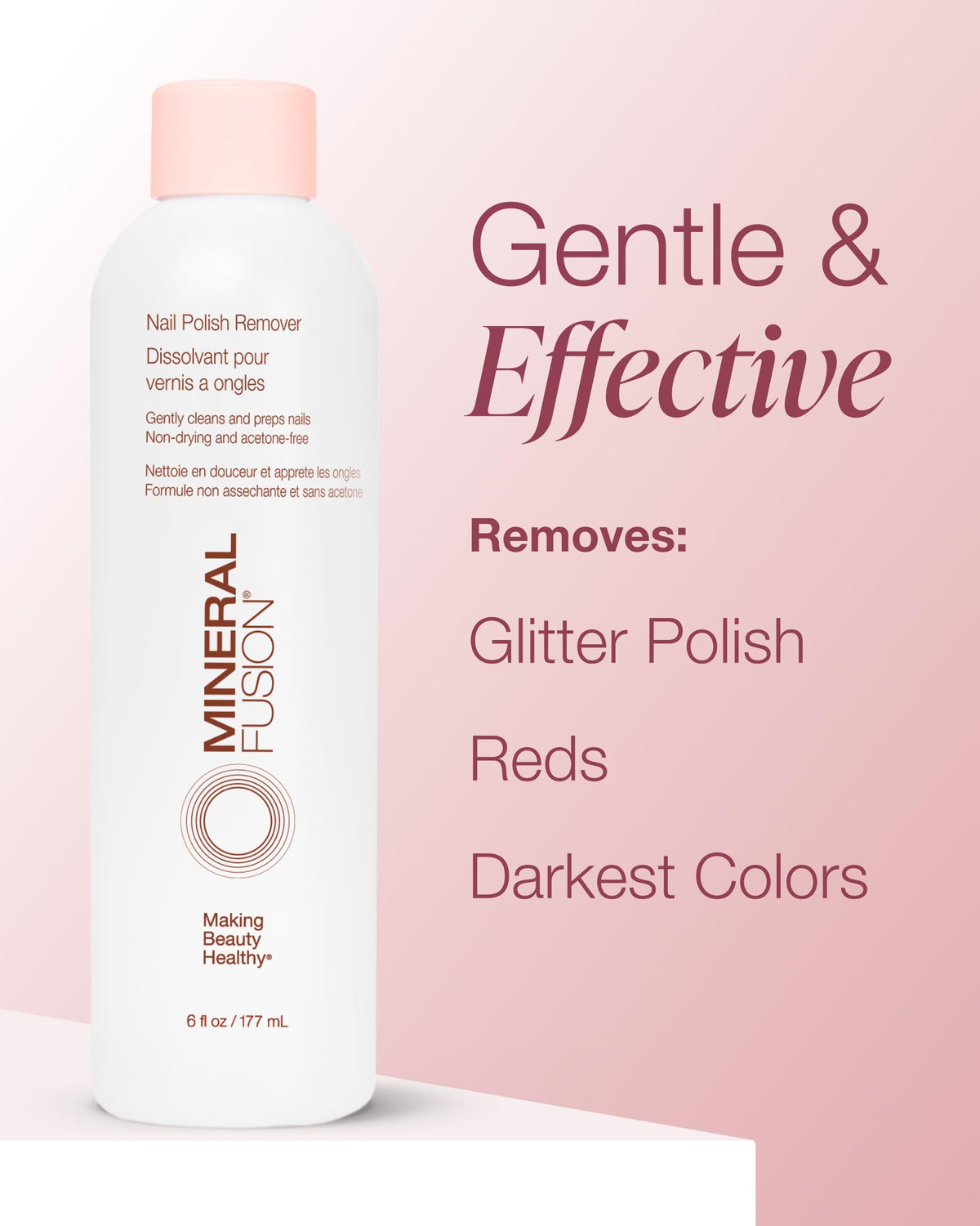 Close-up of Mineral Fusion Nail Polish Remover bottle with cotton pad