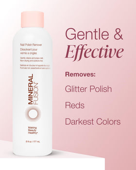 Close-up of Mineral Fusion Nail Polish Remover bottle with cotton pad
