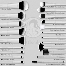 Close-up of Mlemle makeup brushes with labels