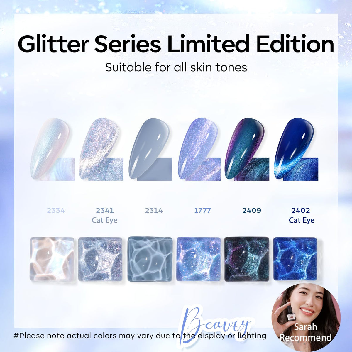 Close-up of modelones blue glitter cat eye gel polish
