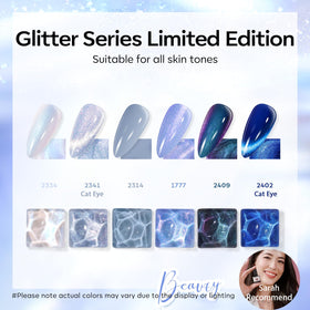 Close-up of modelones blue glitter cat eye gel polish