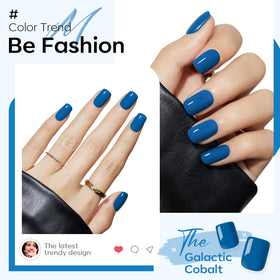 Close-up of Modelones Blue Press On Nails with nail glue and accessories