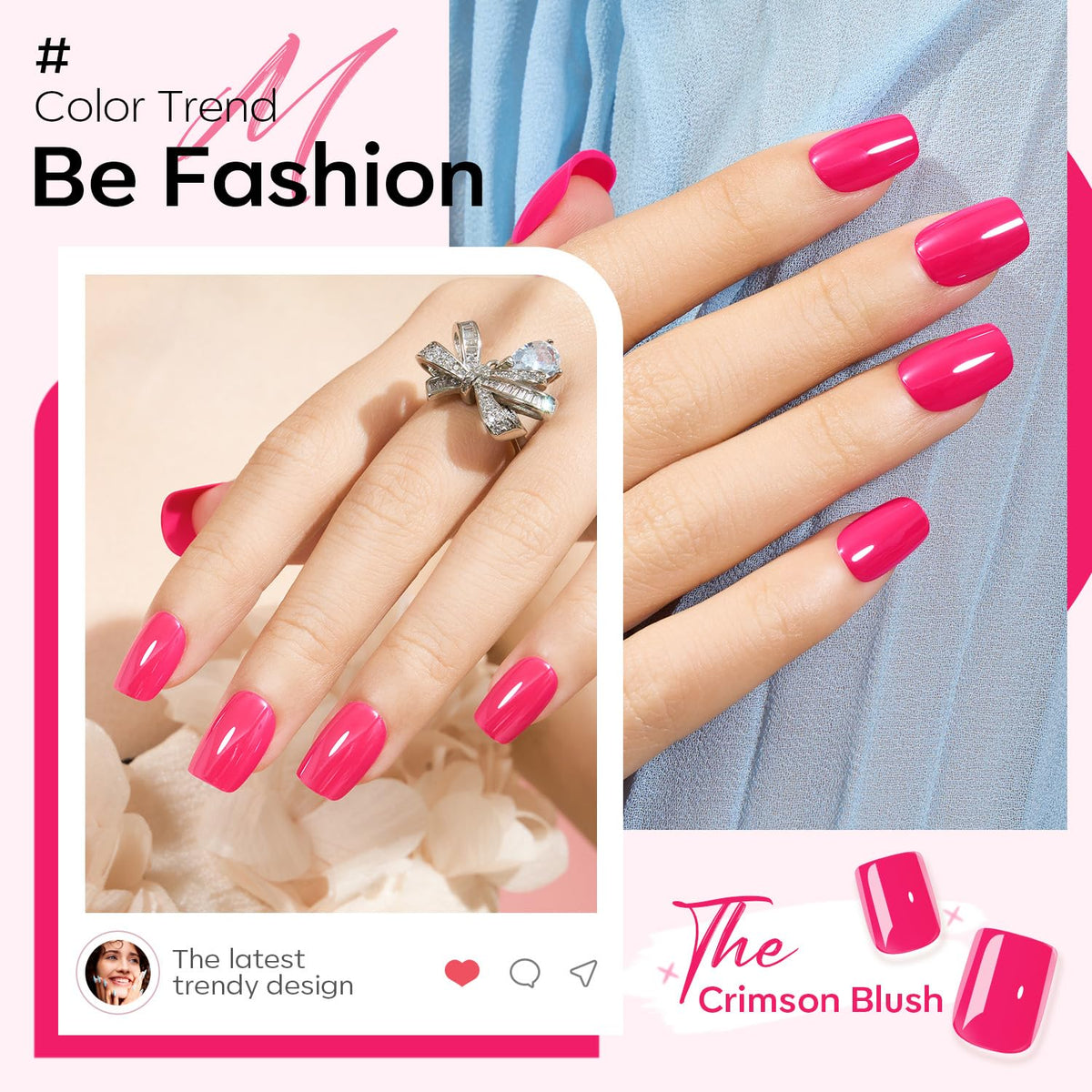 Close-up of Modelones Chrome Pink Press on Nails showing different sizes