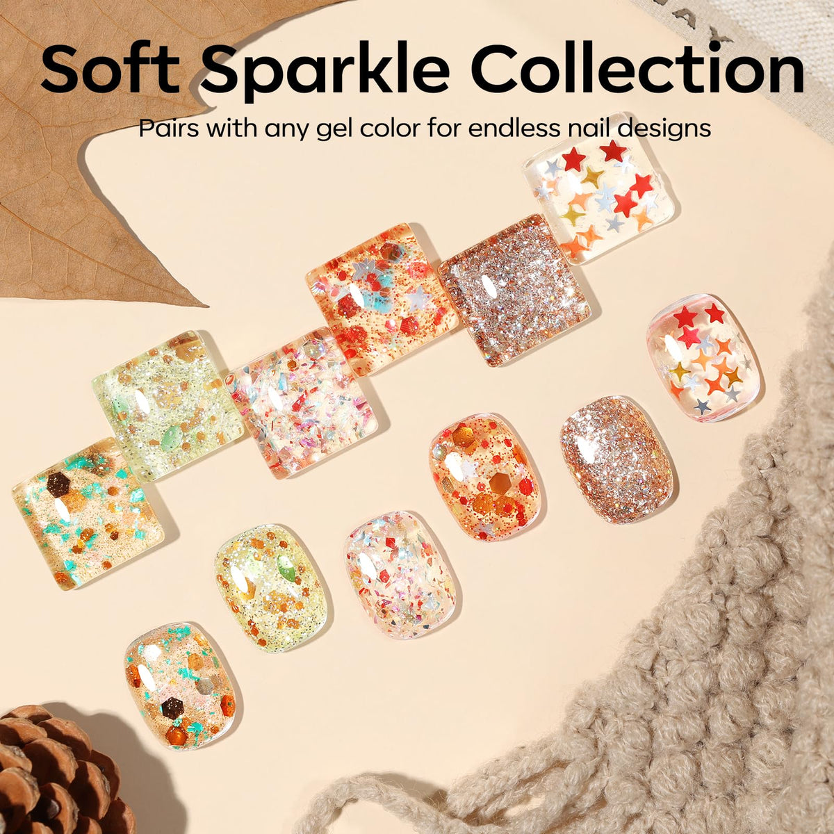 Close-up of modelones glitter gel polish in geometric shapes