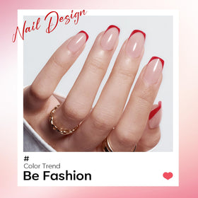 Close-up of Modelones Red French Tip Press On Nails with accessories